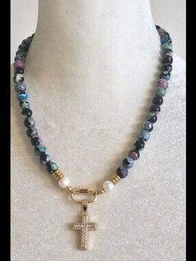 Cross Necklace Rhinestone & Semiprecious Stone Beads